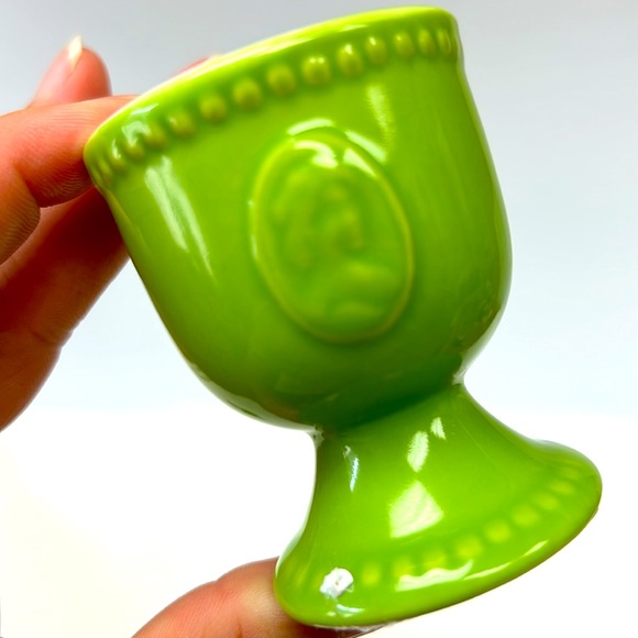 2009 LAURA SECORD  apple green ceramic egg cups with 3 raised bunnies design - Picture 6 of 6